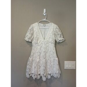 Jun & Ivy Floral Lace Dress Womens Small White V Neck Puff Sleeve Bridal Boho